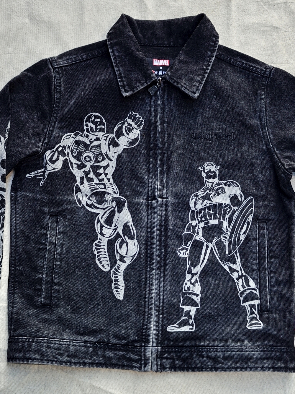 Marvel x Teddy Fresh Denim Jacket Acid Wash Iron Man Captain America Hulk XS New